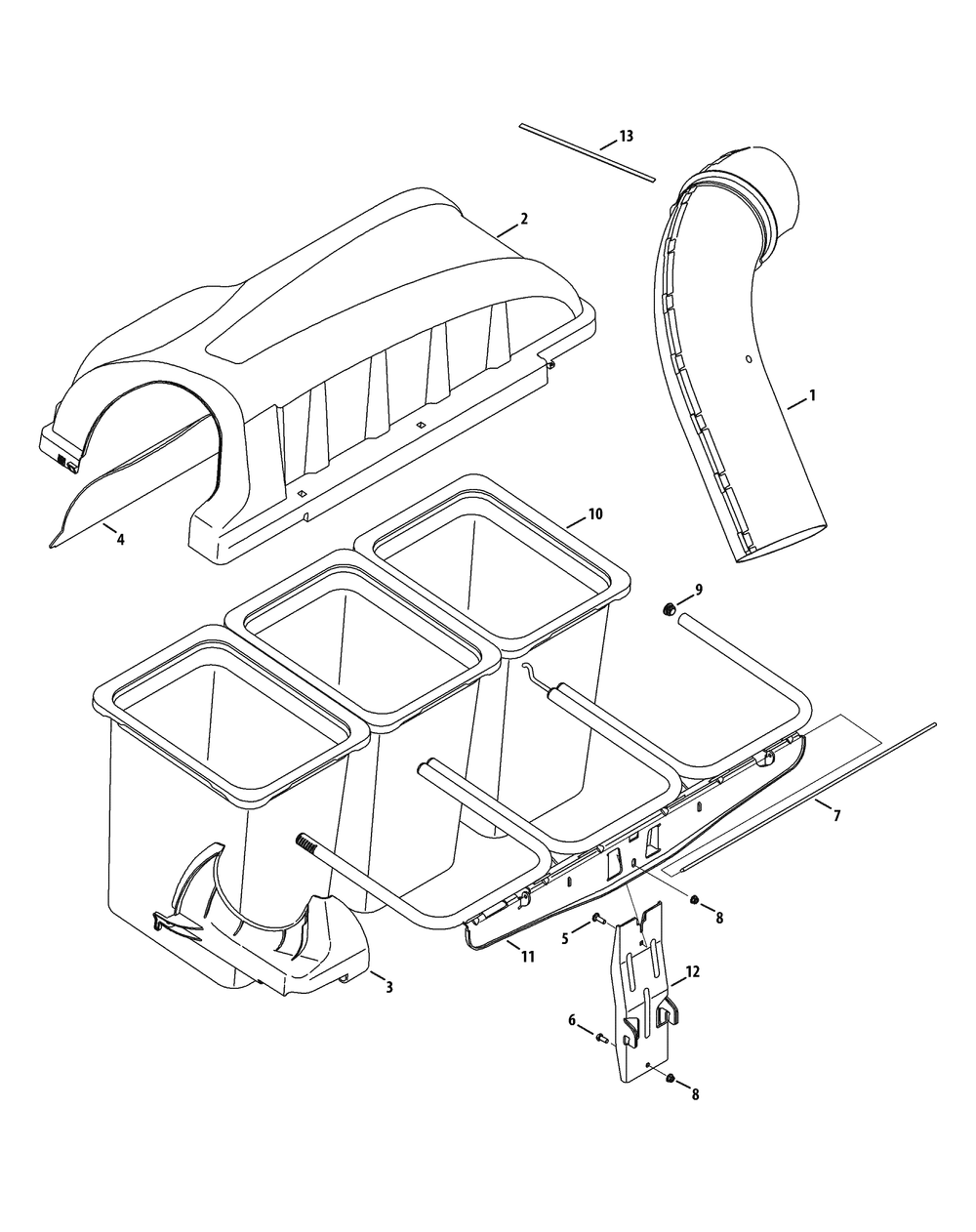 Triple Rear Bag Components Diagram and Parts List for 19A40007100 50-54-Inch Cub Cadet Lawn Tractor